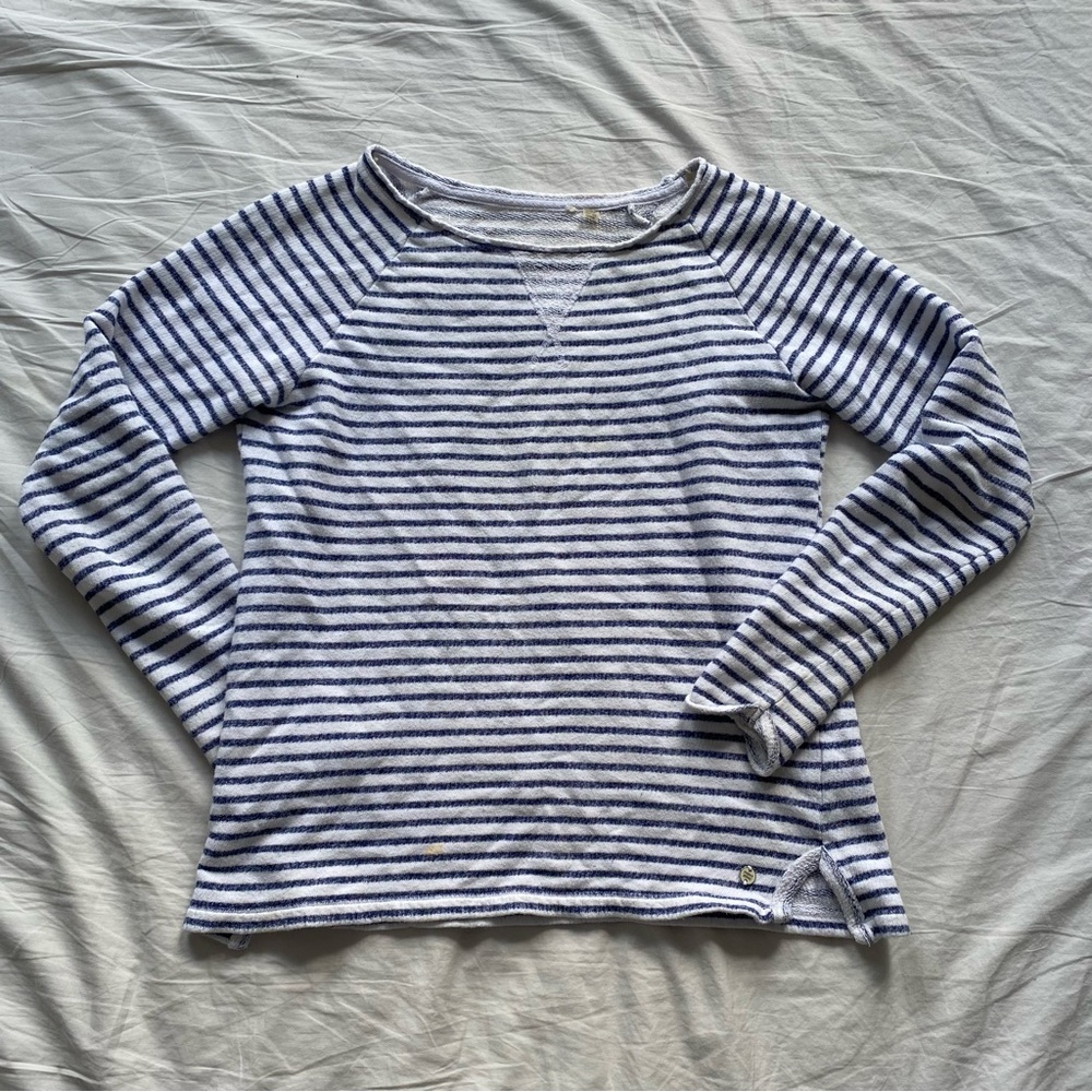 Blue & White Striped Terry Cloth Long Sleeve Top Coastal Nautical